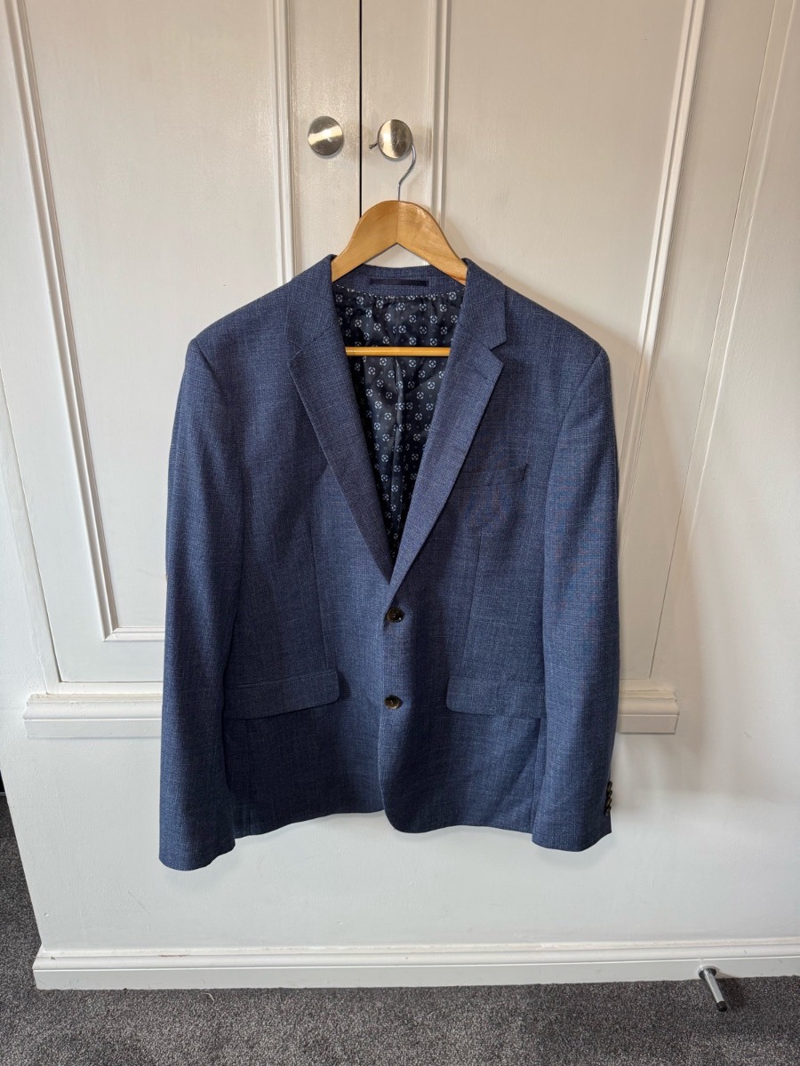 H&M Blazer Mens 44R Blue Slim Fit Wool Blend Elbow Patches Sport Coat Teacher