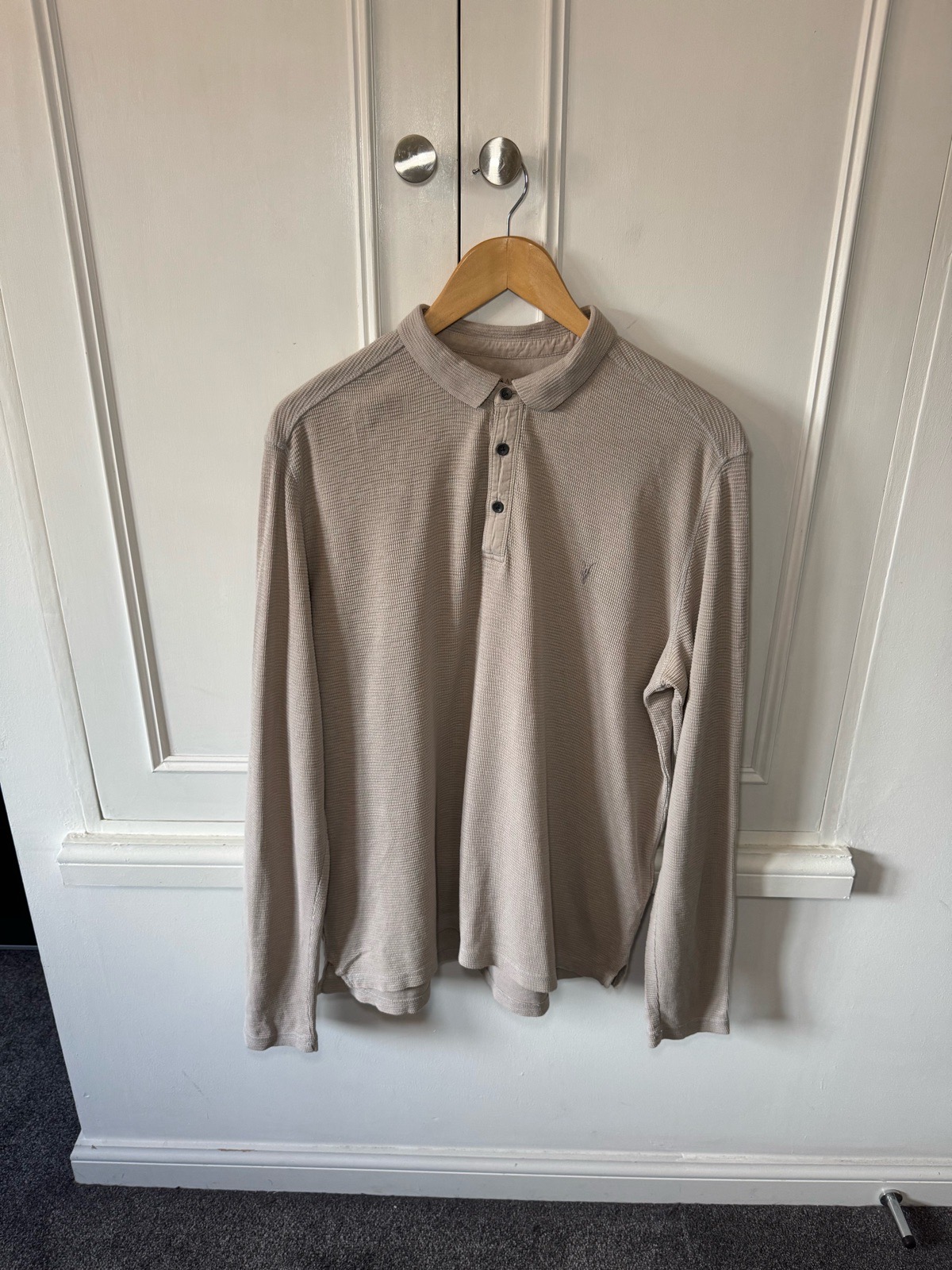 ALLSAINTS Taupe Beige Clash LS Waffle Textured Long Sleeve Polo Top UK Large