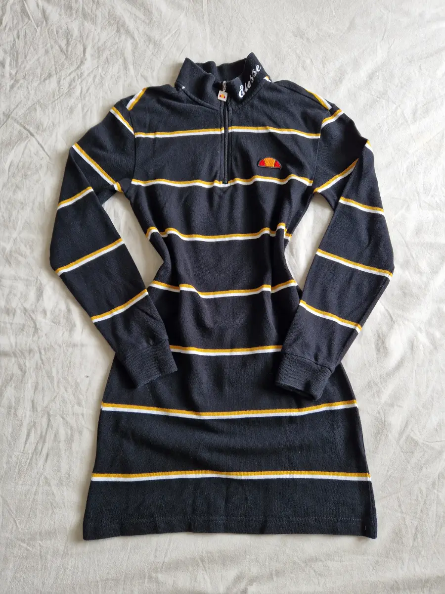 Ellesse Striped 1/4 Zip Polo Dress – Black, Yellow & White – UK 6
