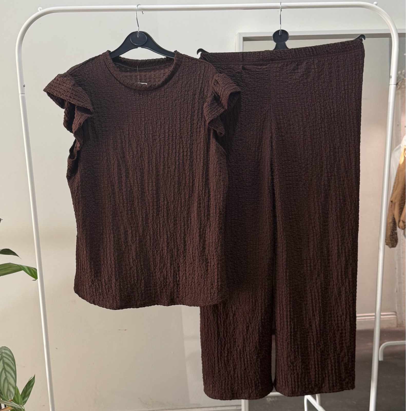 Brown Frill Sleeve Cheesecloth Co-Ord | Size 8-14