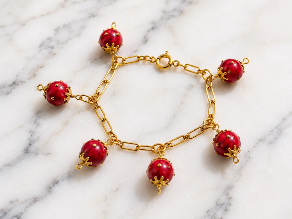 Natural Stone Red & Gold Charm Bracelet- Handmade