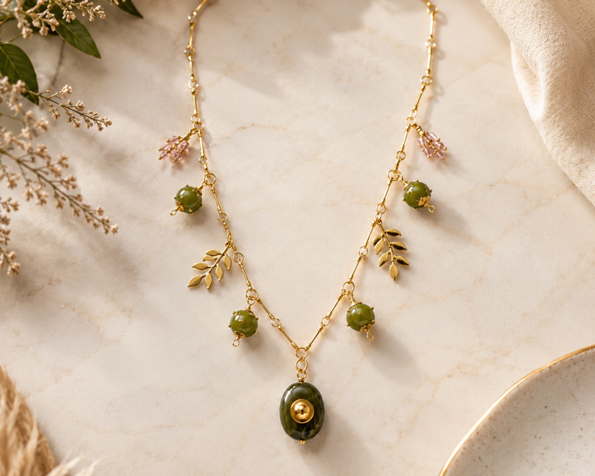Stunning Handcrafted Olive Green  & Gemstone Charm Necklace