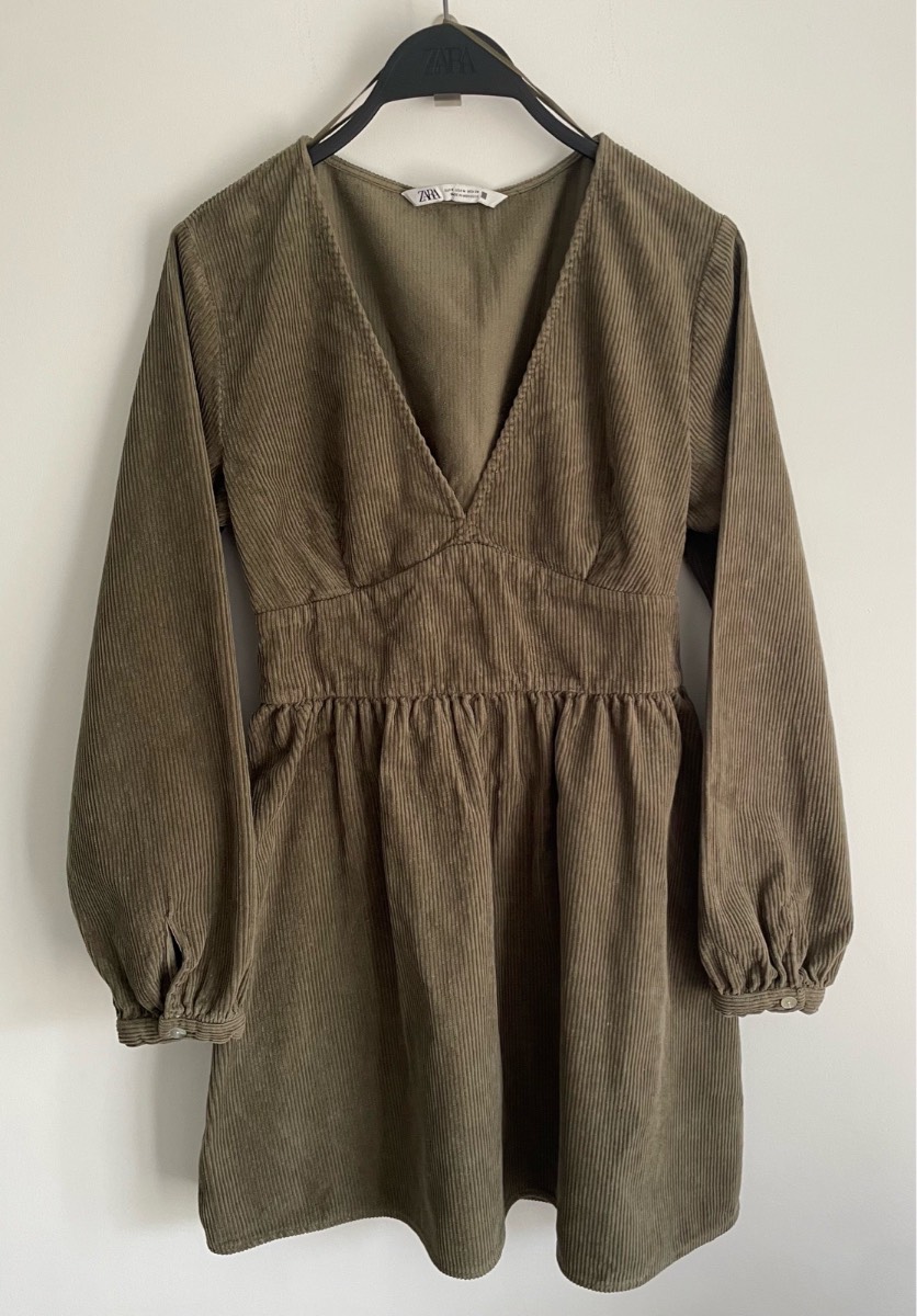 Zara Khaki Long Sleeves Corduroy V Neck Dress Size M