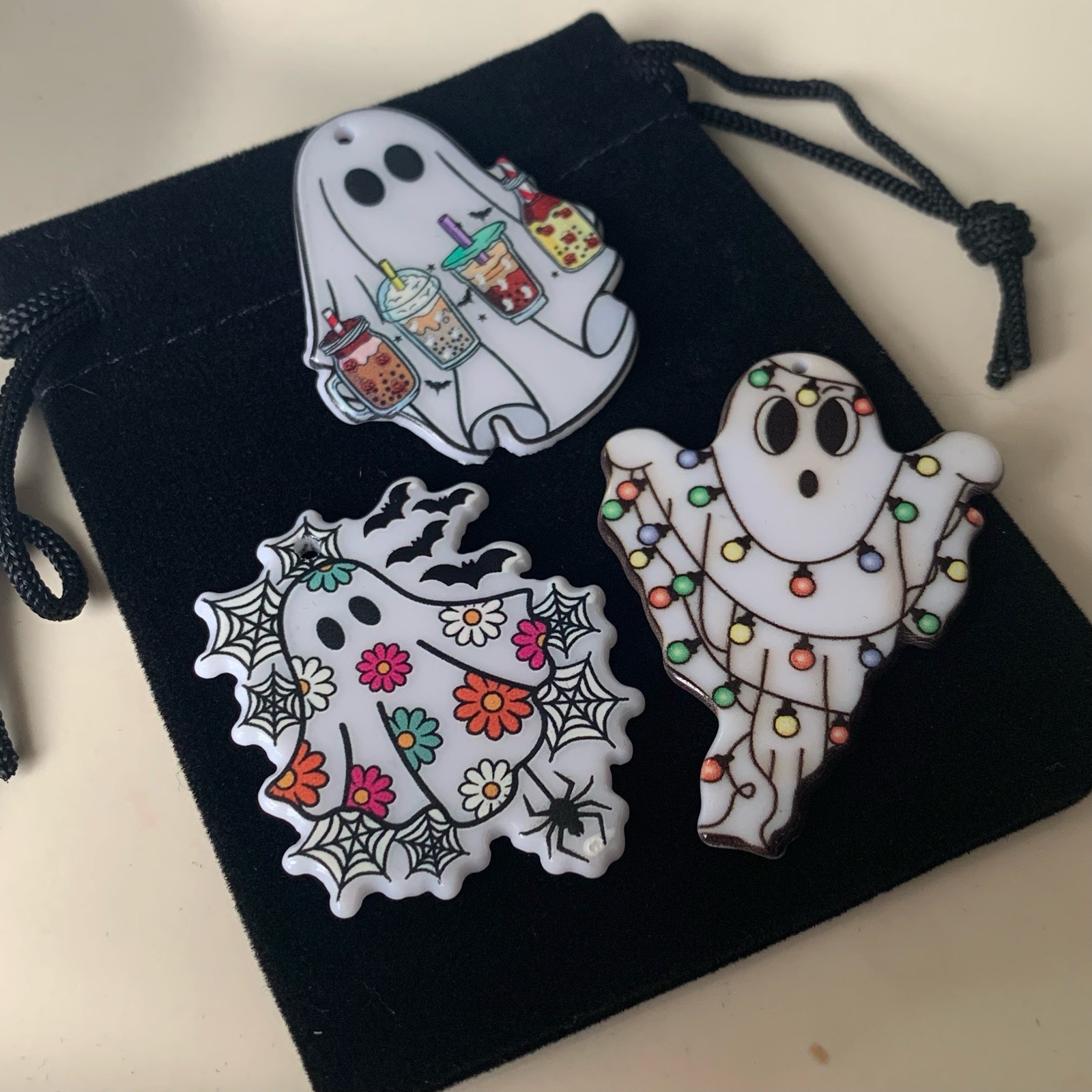 3 Fun ghost pendants Halloween charms in gift bag New