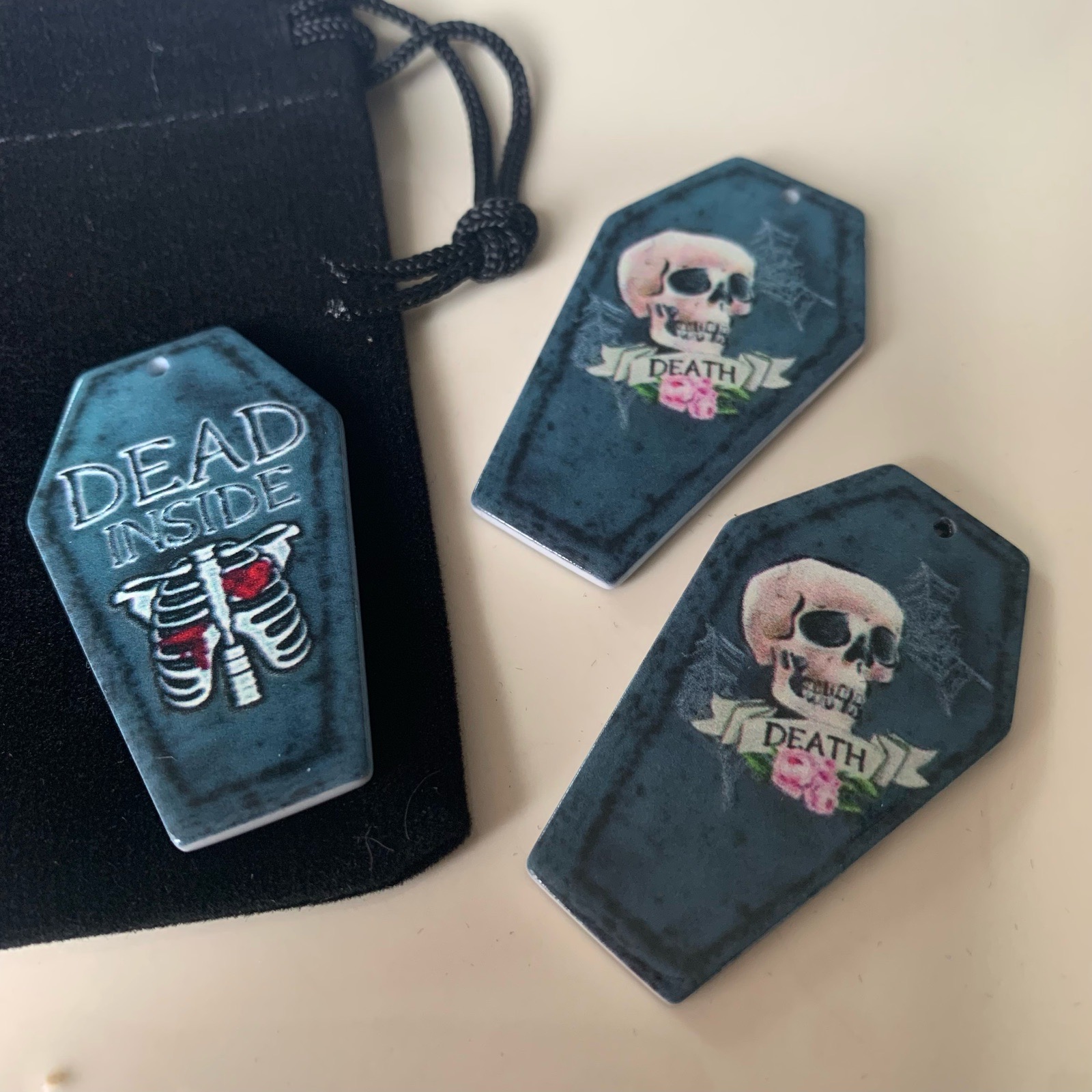 3 coffin death pendants Halloween charms in gift bag