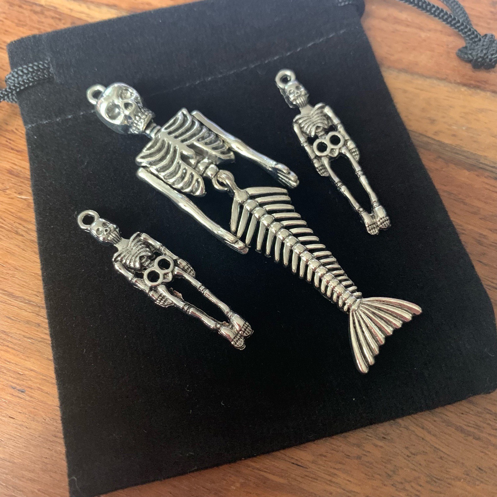 3 Skeleton Pendants Charms 1 mermaid in gift bag