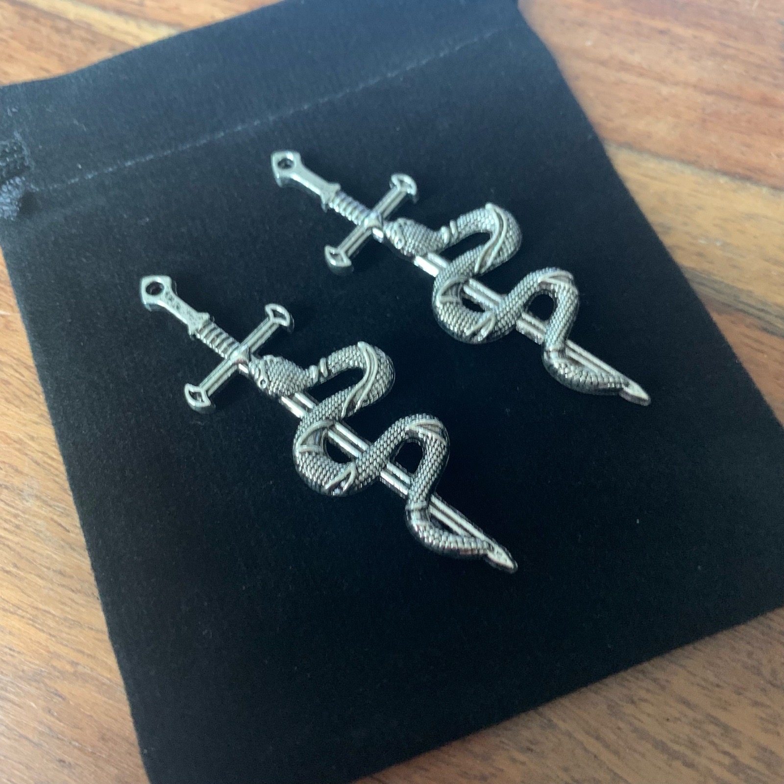 2 snake wrapped sword pendants in gift bag Halloween charms