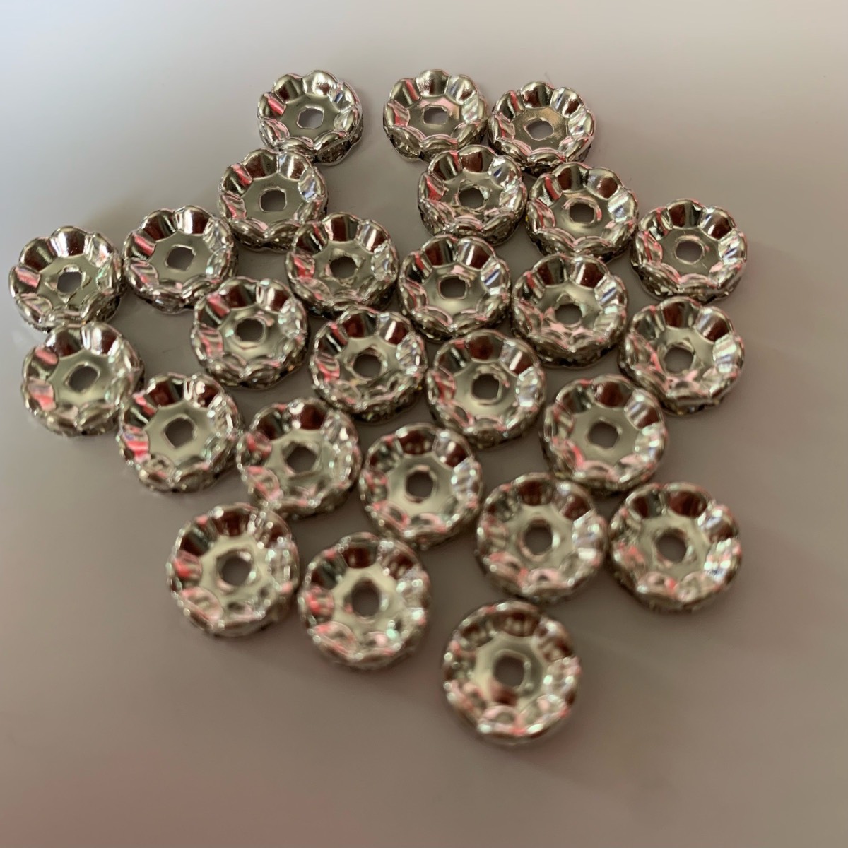 26 silver spacer beads with rhinestones 9.7 x 3.6mm for Jewellery making crafting