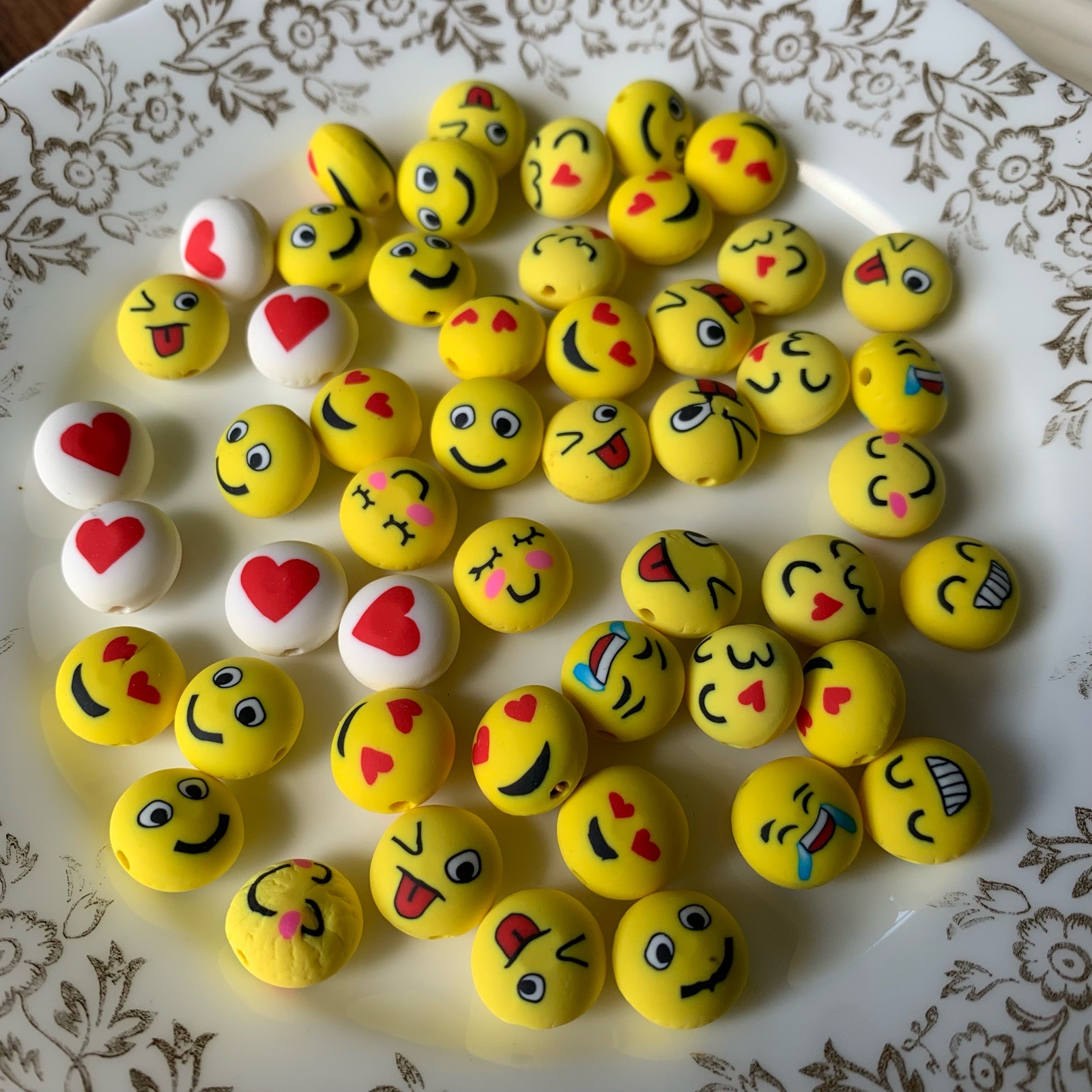 50 yellow emoji smiley face polymer clay oval beads