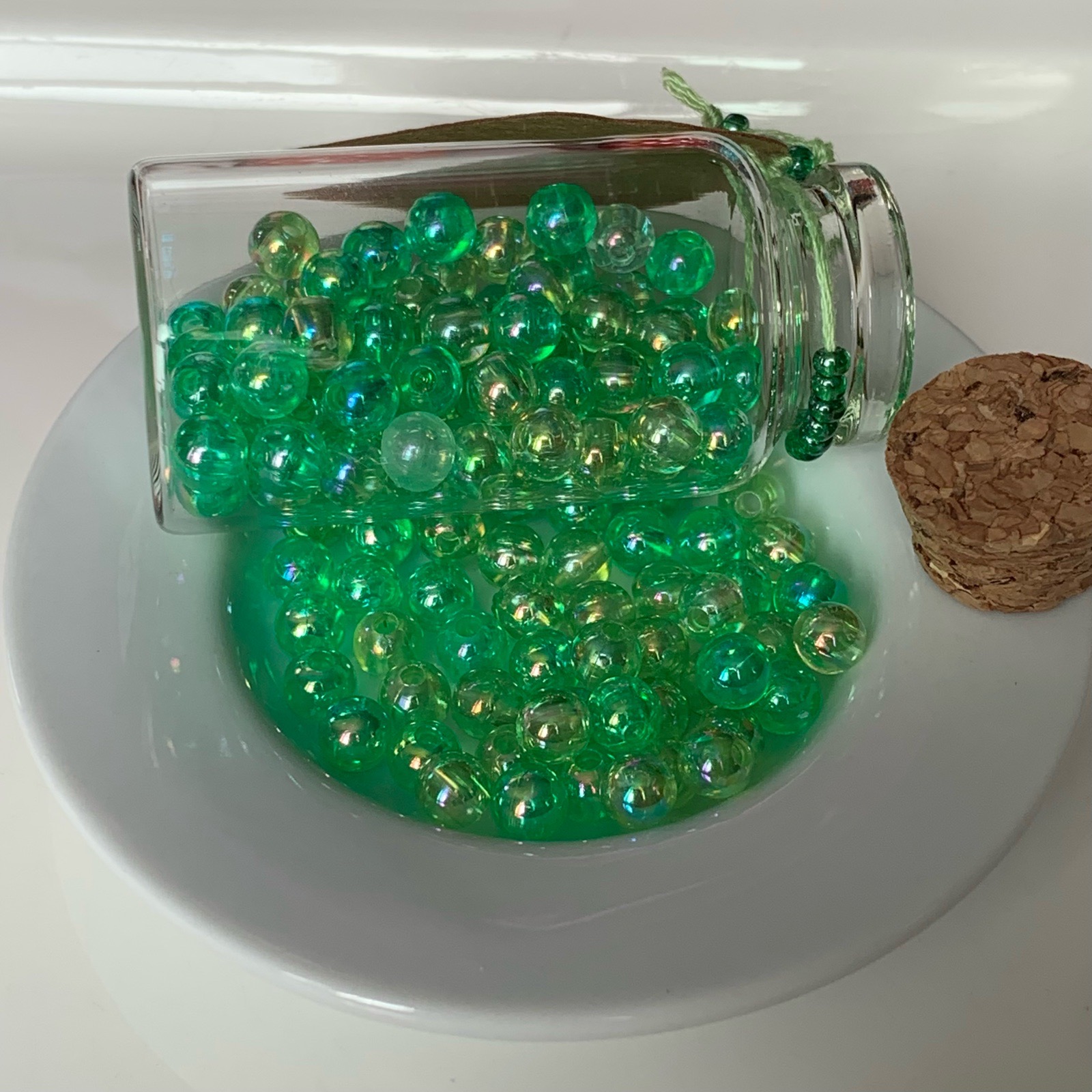 138 Mixed Green Acrylic Beads In Glass Bottle with Gift Tag for Jewellery Making Crafts