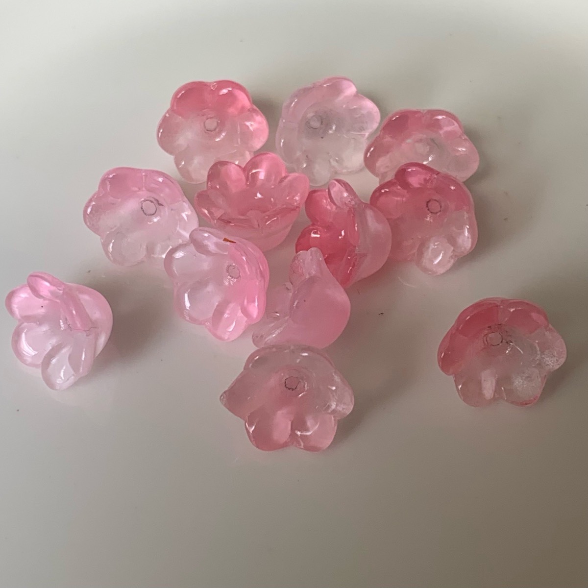 12 pink glass flower beads 11mm