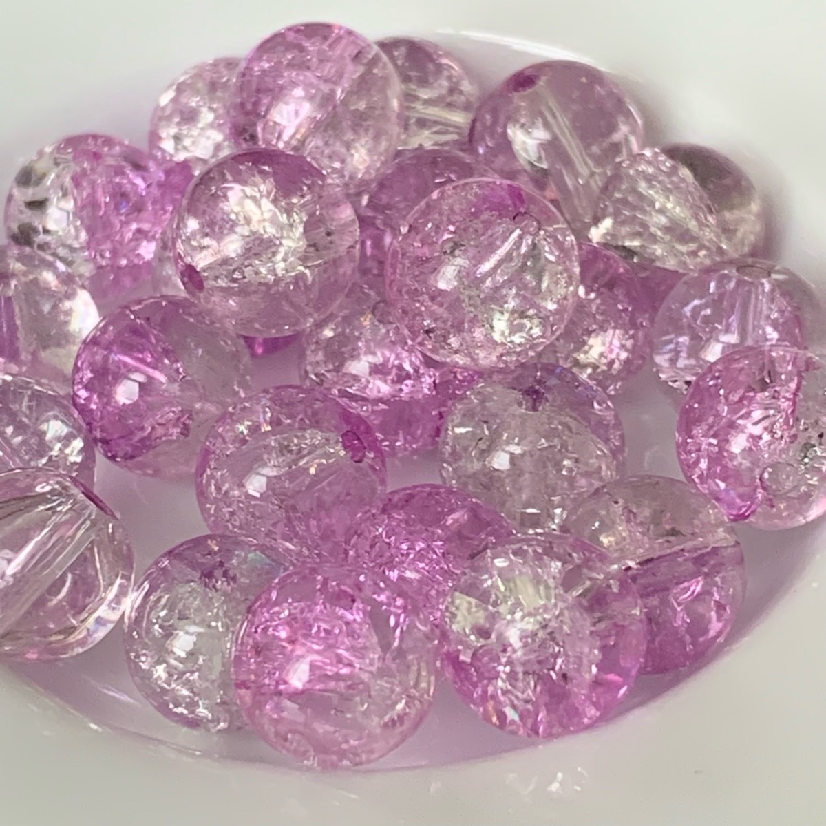 25 pink & clear crackled glass beads 10.2mm