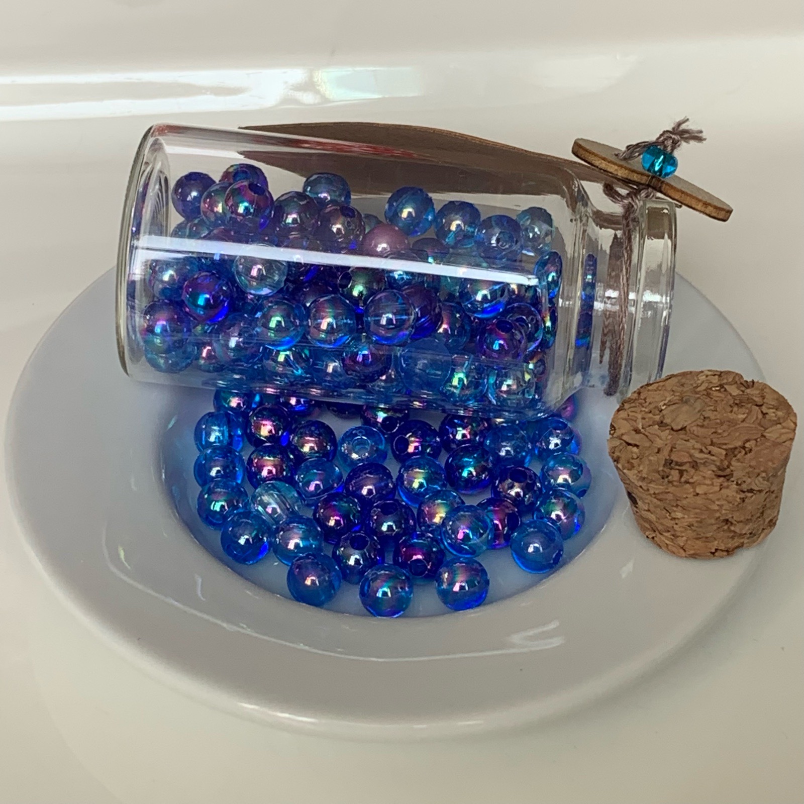 136 Mixed Blue Acrylic Beads In Glass Bottle with Gift Tag for Jewellery Making Crafts