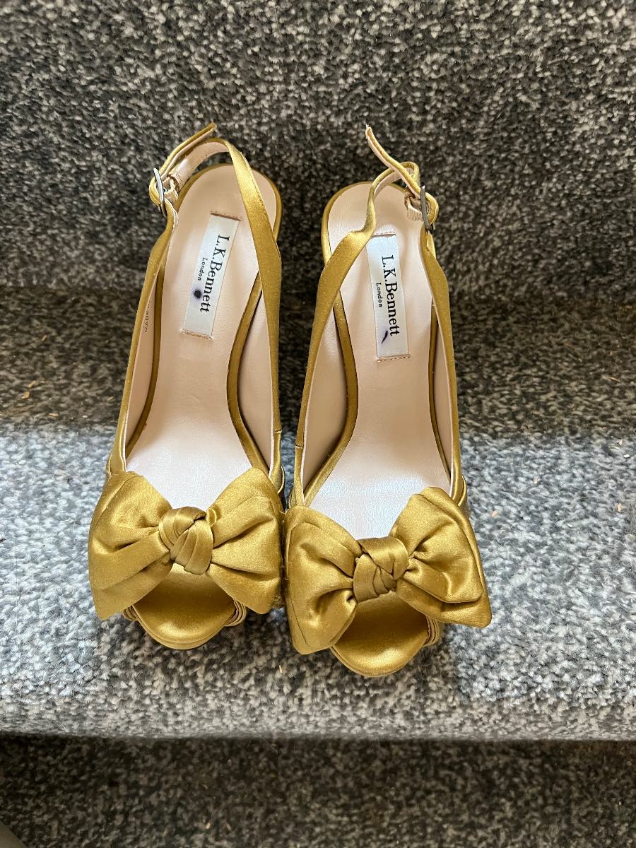 LK Bennett Wigmore crystal heels gold satin over leather