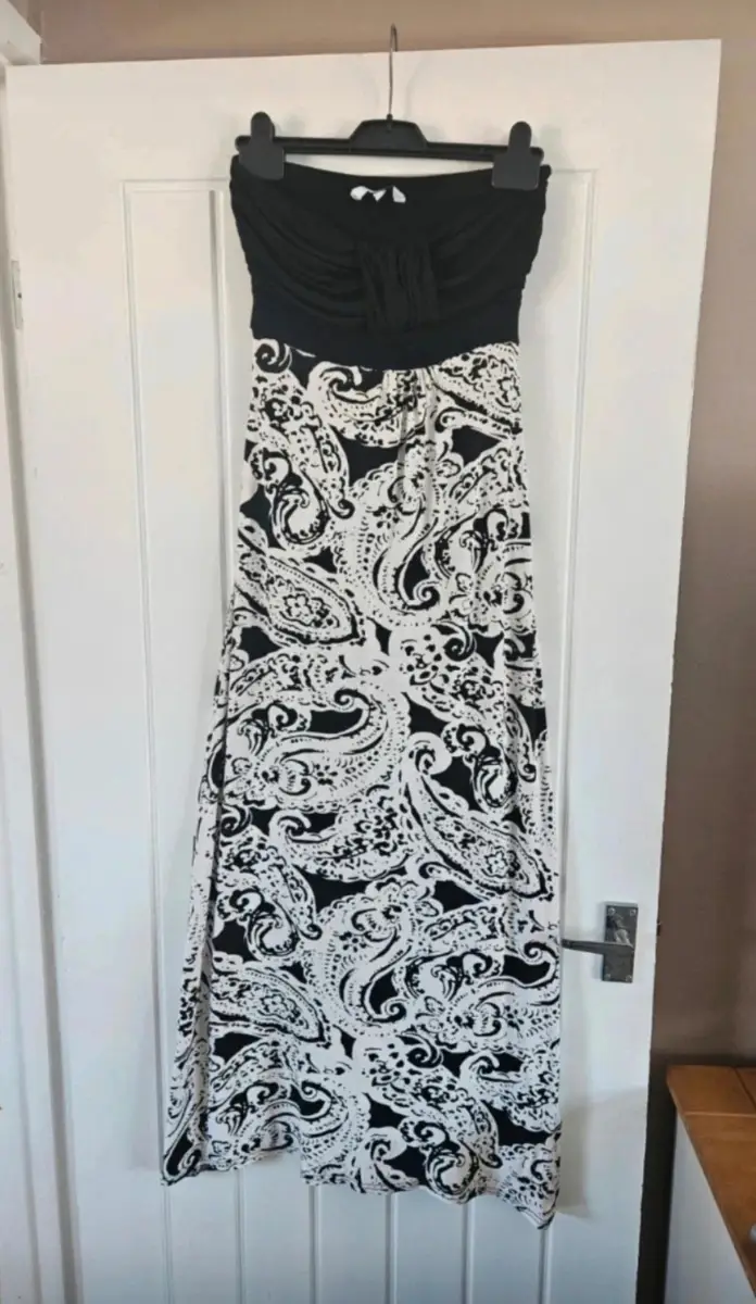 New look Black & White Paisley Strapless Maxi Dress Bandeau Summer Holiday Evening size 8