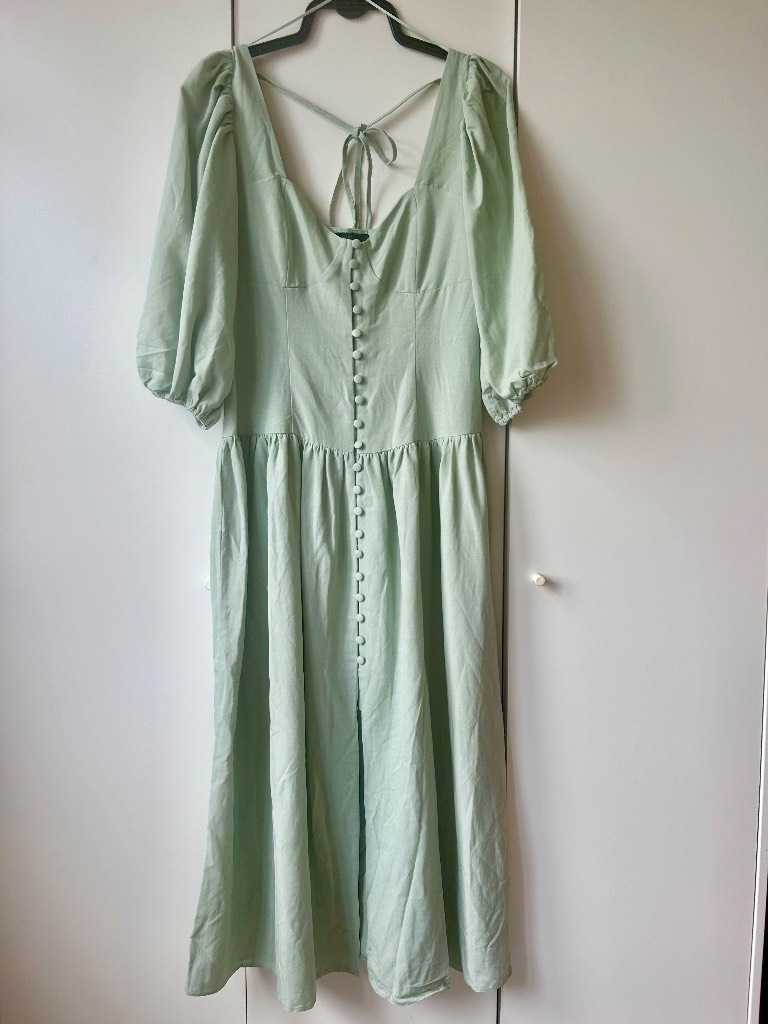 Nobody’s Child Sage Green Linen Blend Midi Dress UK 10 Puff Sleeve Cottagecore