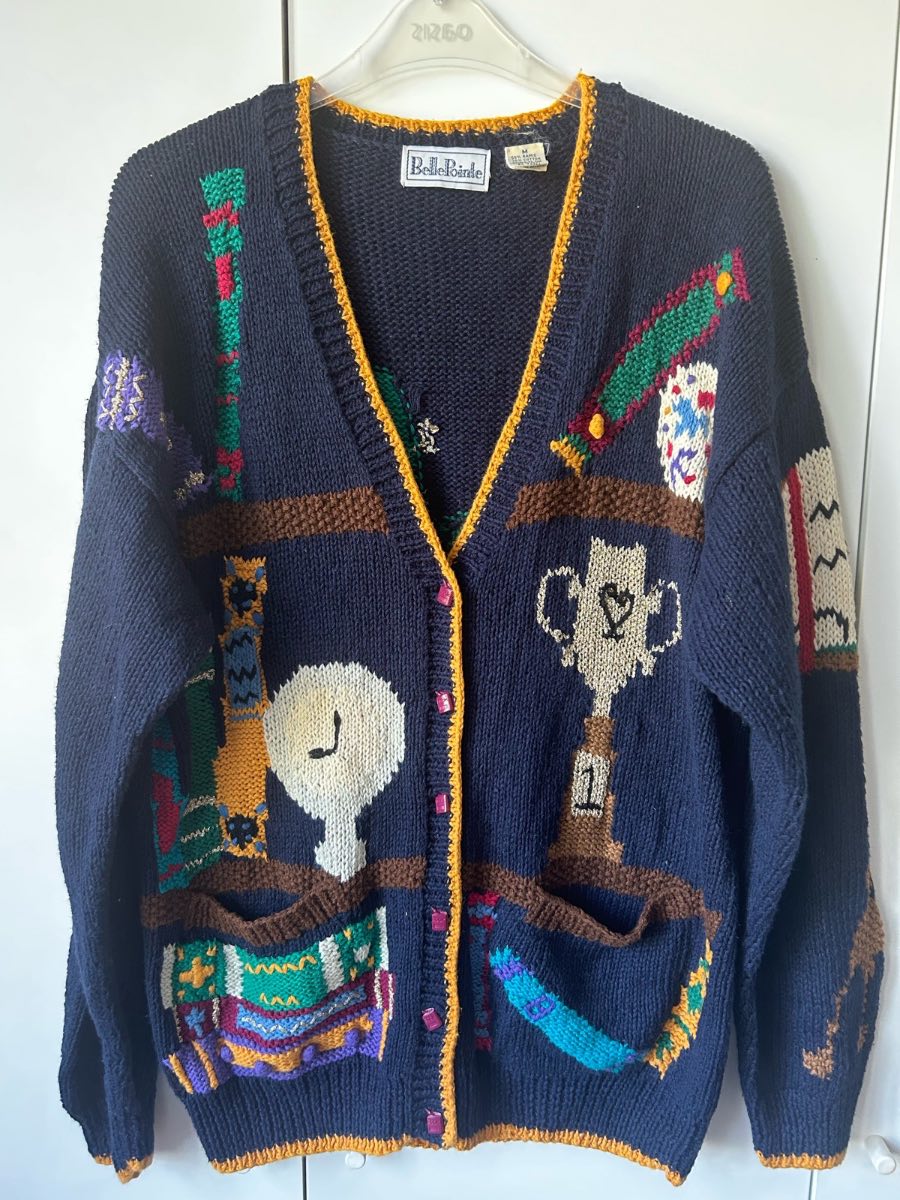 Vintage 90s BellePointe Book Lover Novelty Knit Cardigan M Navy Ramie Cotton