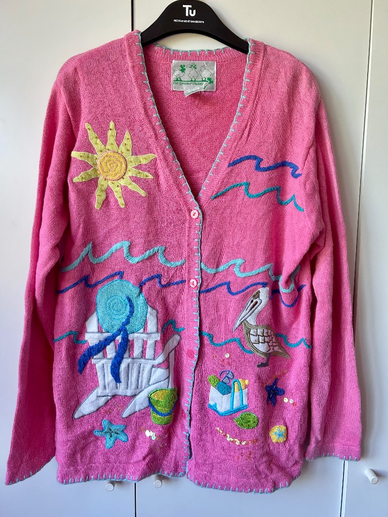 Vintage Quacker Factory Beach Scene Cardigan Pink Novelty Knit Embellished Size M