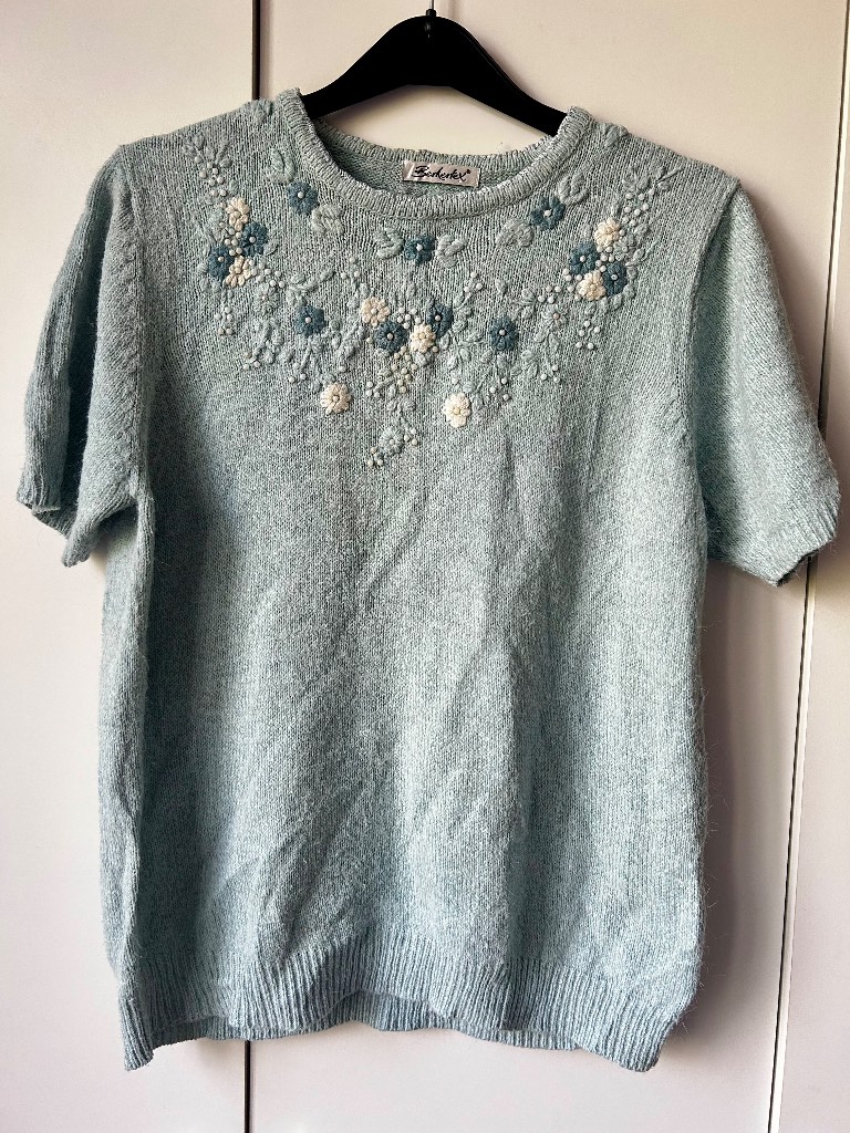 Vintage Berketex Floral Embellished Knit Top Mint Green Cottagecore