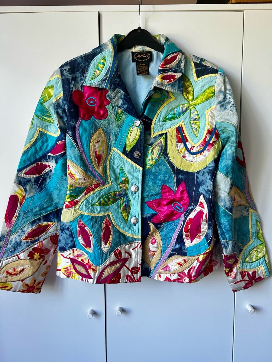 Allure Wearable Art Appliqué Floral Jacket Boho Patchwork Cotton Denim Size S