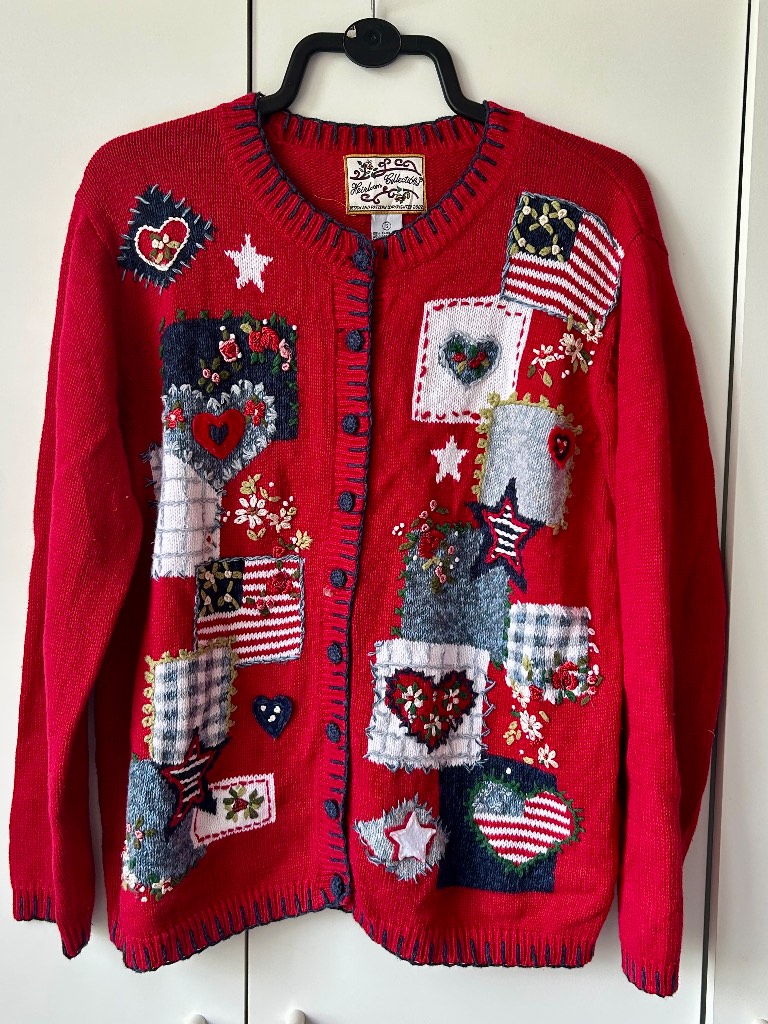 Vintage Heirloom Collectibles Patriotic Patchwork Knit Cardigan Embroidered Size S US Holidays