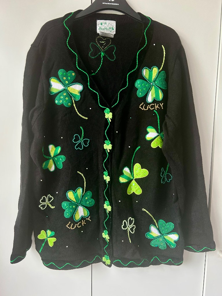 Vintage Quacker Factory Shamrock Cardigan Lucky Clover Embellished Sweater Large Y2K