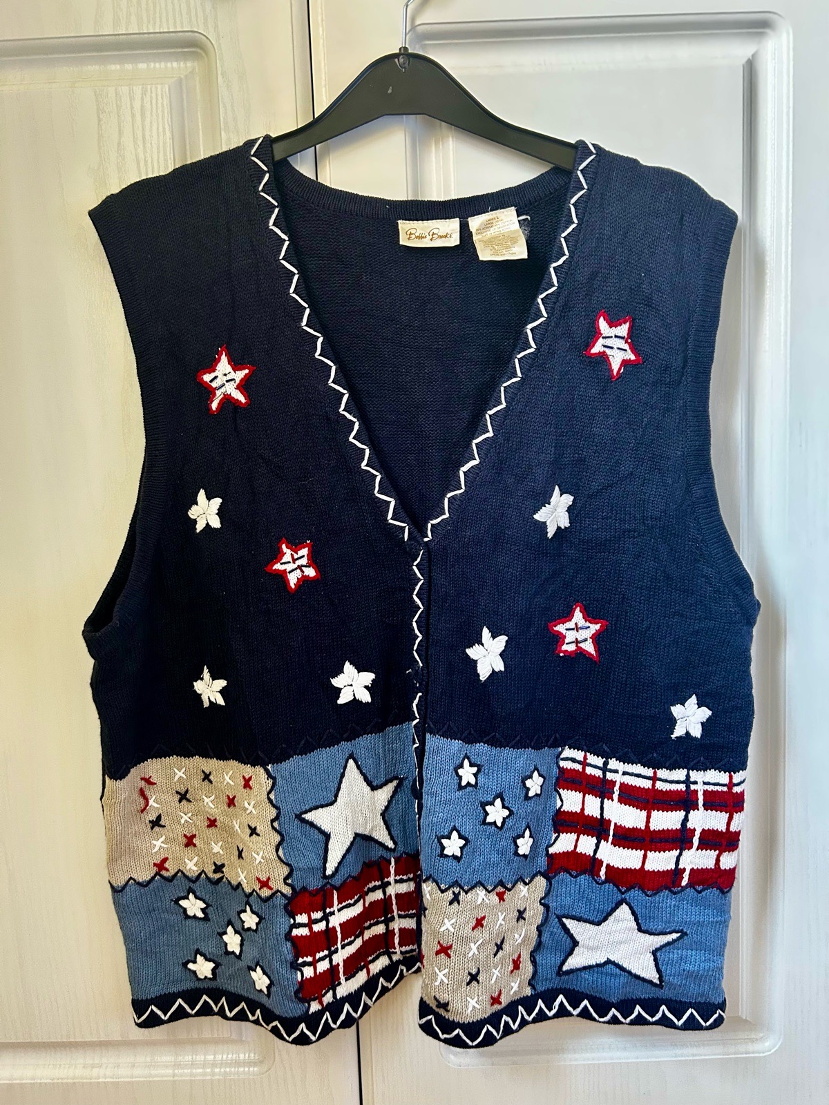 Vintage Bobbie Brooks Patchwork Star Sweater Vest L Navy Red Americana 90s