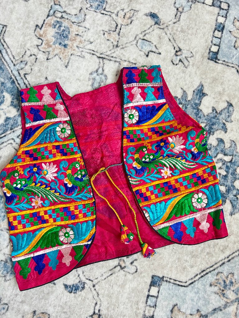 Embroidered Boho Festival Vest Waistcoat Pink Peacock Folk Art Vintage