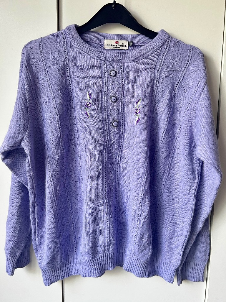 Merry Gold London Cottagecore Lilac Embroidered Knit Jumper Size M UK Made Vintage