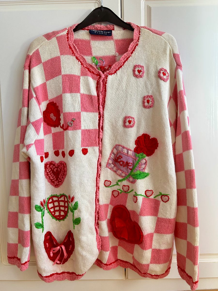 Vintage Eagle’s Eye Gingham Heart Embellished Cardigan Sweater Cottagecore