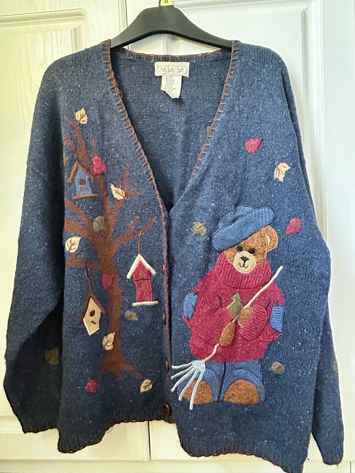 Vintage Mandal Bay Teddy Bear Autumn Cardigan XL Wool Ramie Embroidered Cottagecore