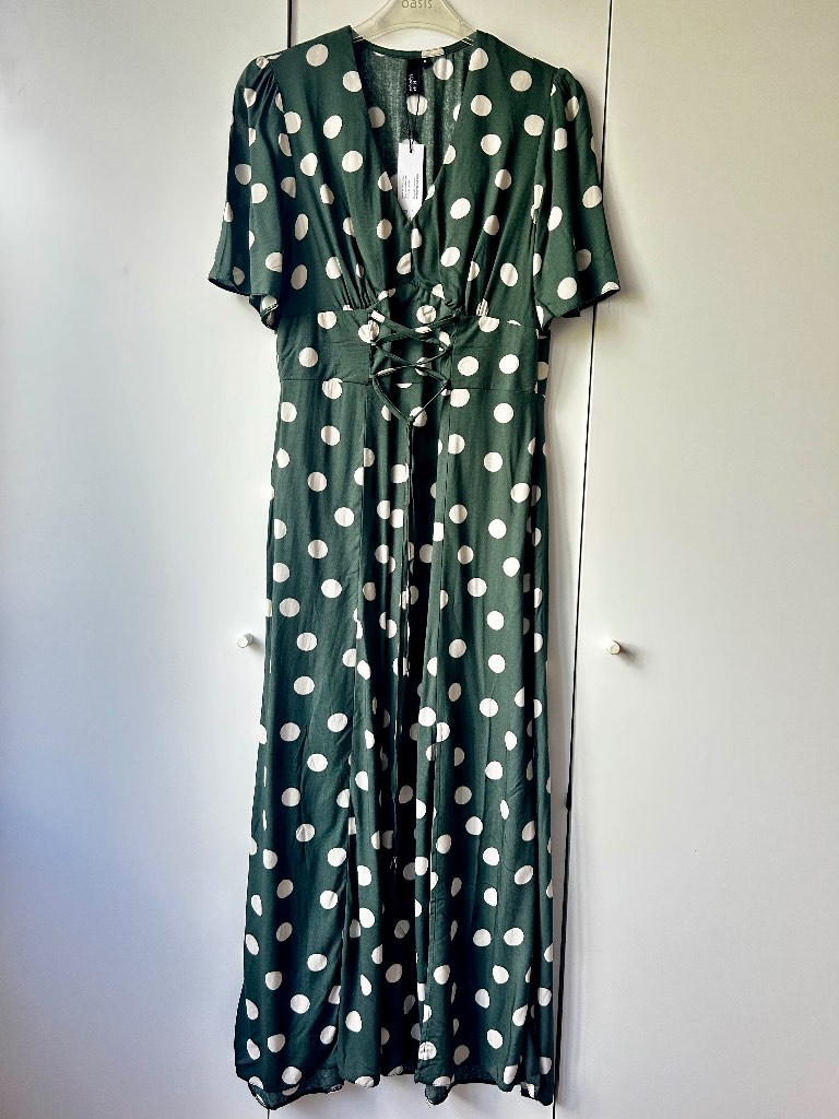 Nobody’s Child Beatrice Green Polka Dot Lace-Up Midi Dress Size 8