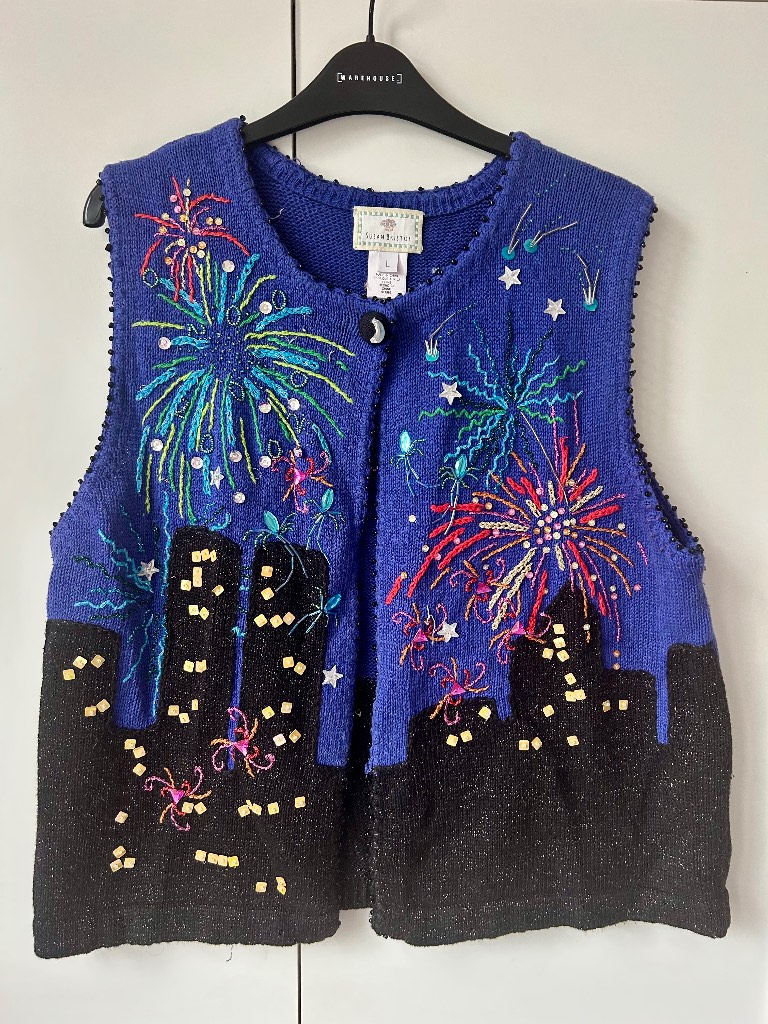Vintage Susan Bristol Hand Embroidered Fireworks Sweater Vest Large Beaded Novelty Knit