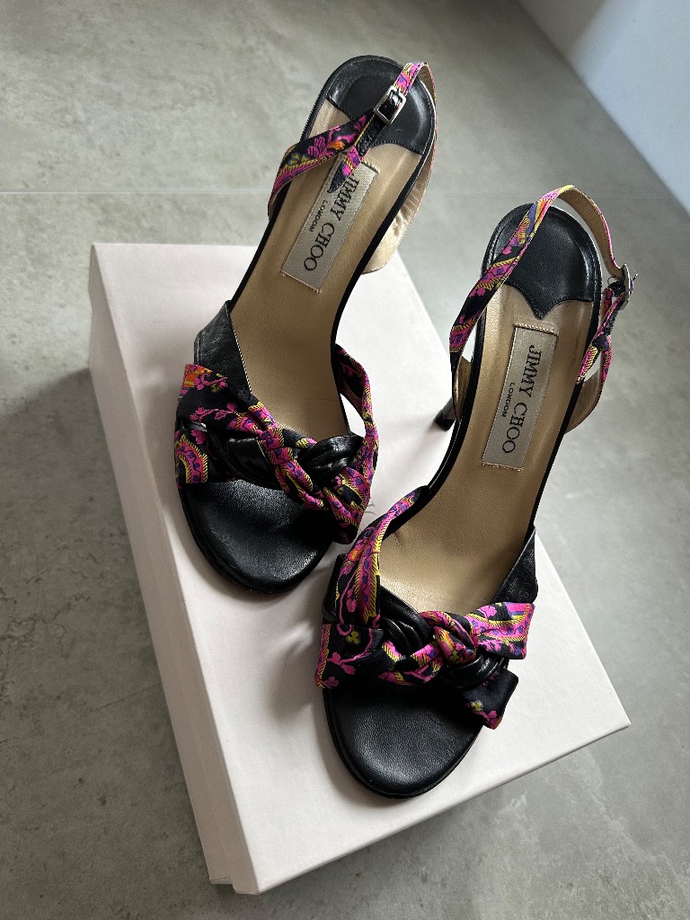 Jimmy Choo “Rose” black kid leather heeled sandals size uk 5.5