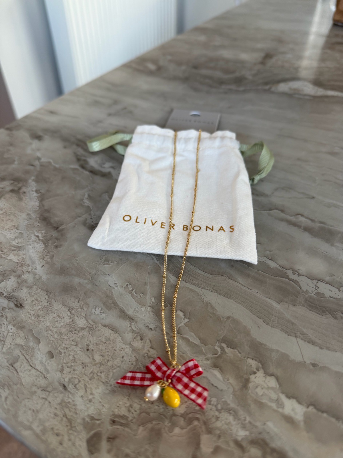Oliver Bonas Gingham bow & lemon charm necklace bnwt
