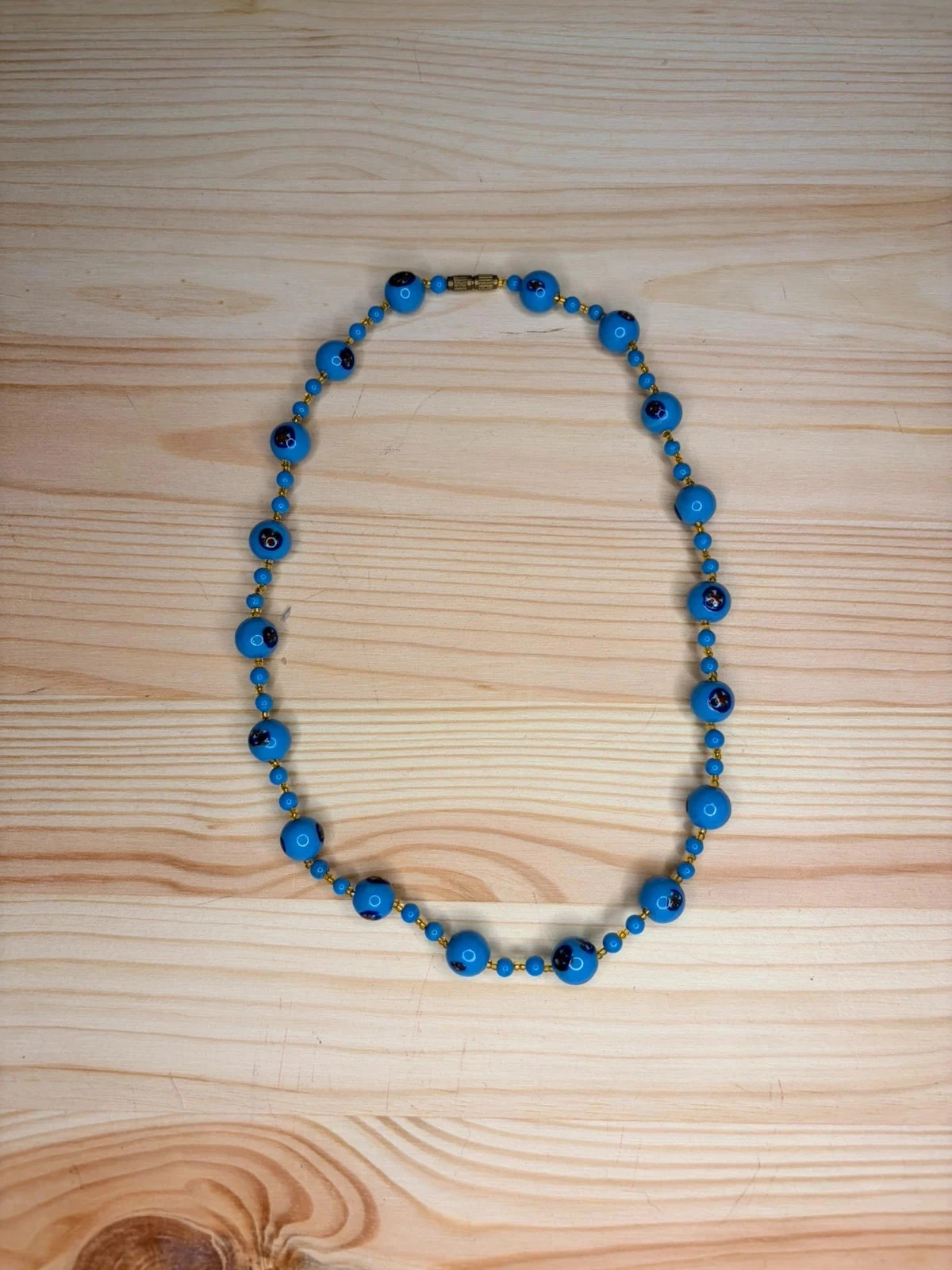 Vintage Blue Millefiori Glass Necklace | Retro Art Glass | 50s/60s