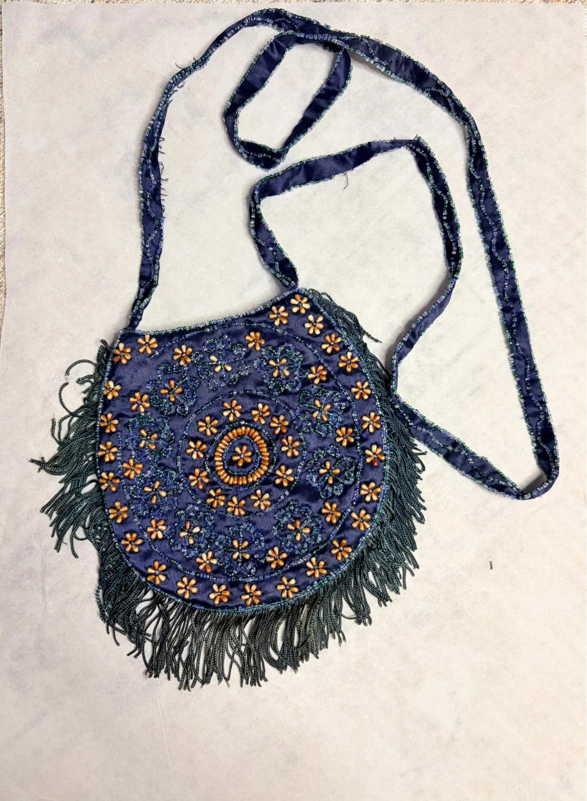 Vintage EAST Additions Beaded Fringe Shoulder Bag Navy Floral Boho 90s