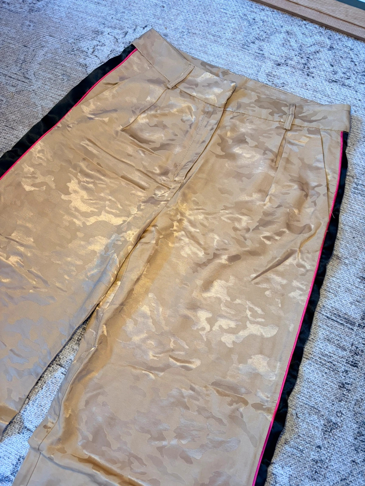 Brand Unique Y2K Style Italian Handmade Wide Leg Trousers UK6-8 Gold Camo Side Stripe