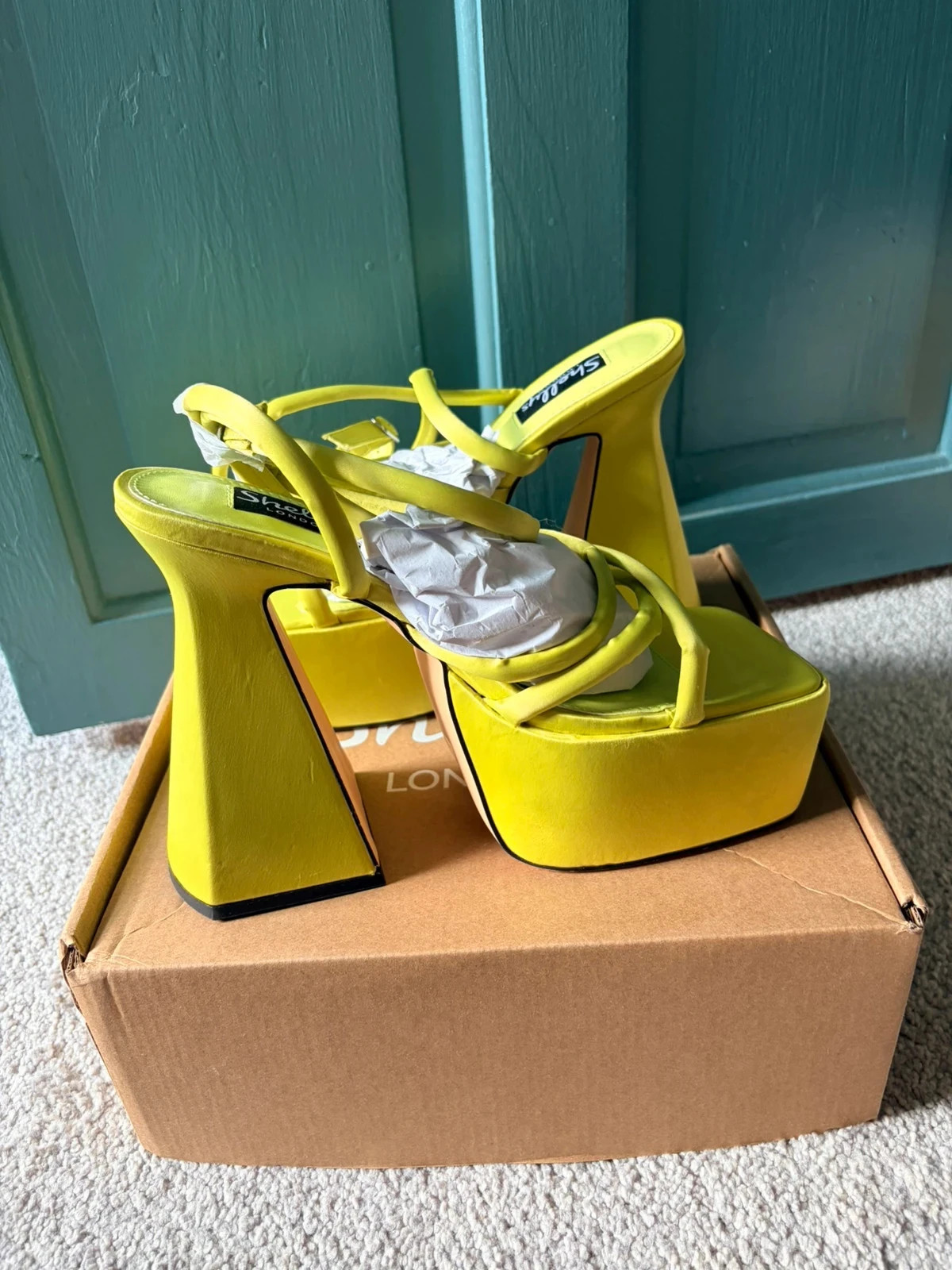 Bright Yellow Satin Heels | Square Toe | Heart Buckle | Y2K / Party | UK 7