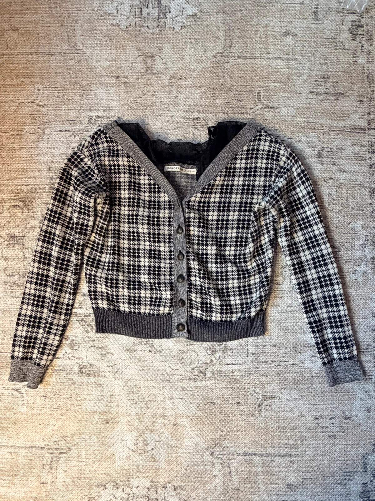 Donoratico Houndstooth Plaid Knit Cardigan Cartoon Embroidered XS Y2K Style Quirky