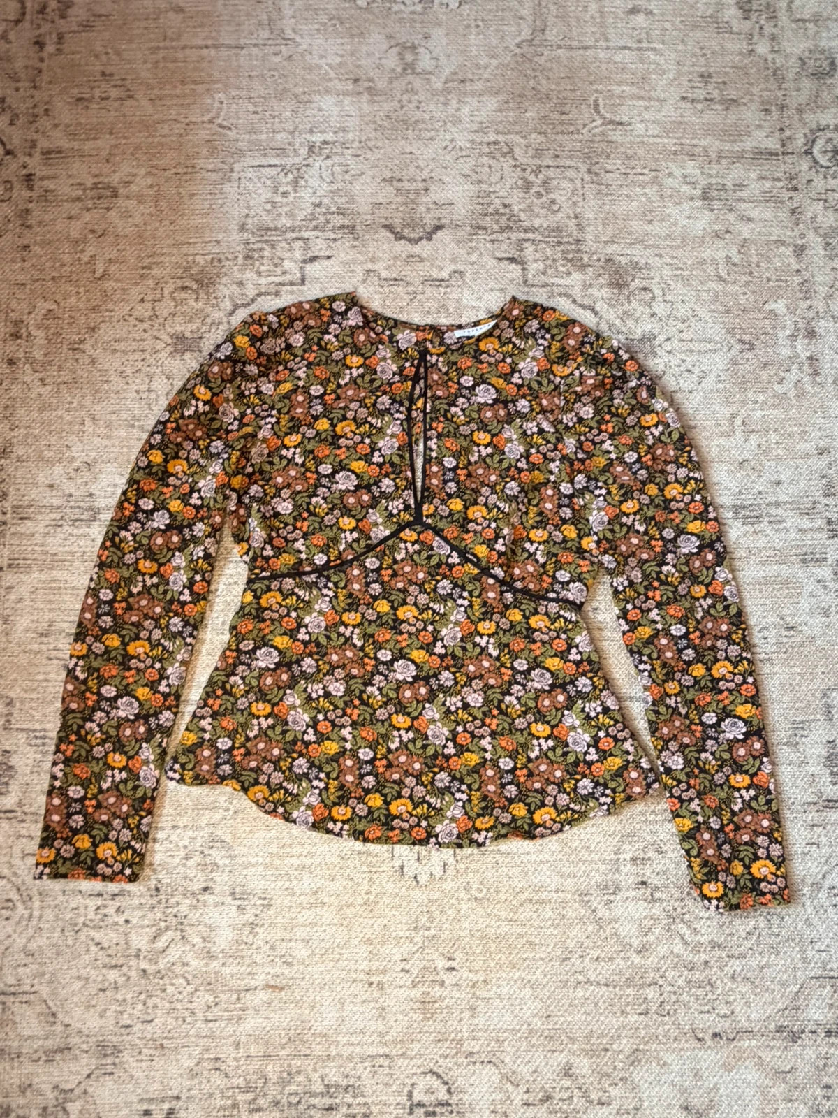 Topshop Cottagecore Floral Peplum Blouse UK 10 Black Orange Green 90s Style Long Sleeve