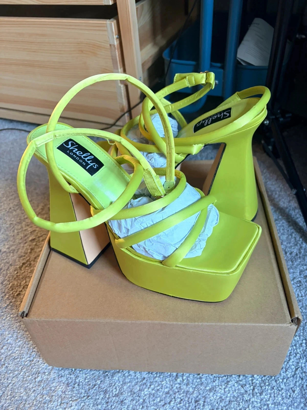 Chunky Flare Heel Sandals | Bright Green Satin | Party / Event