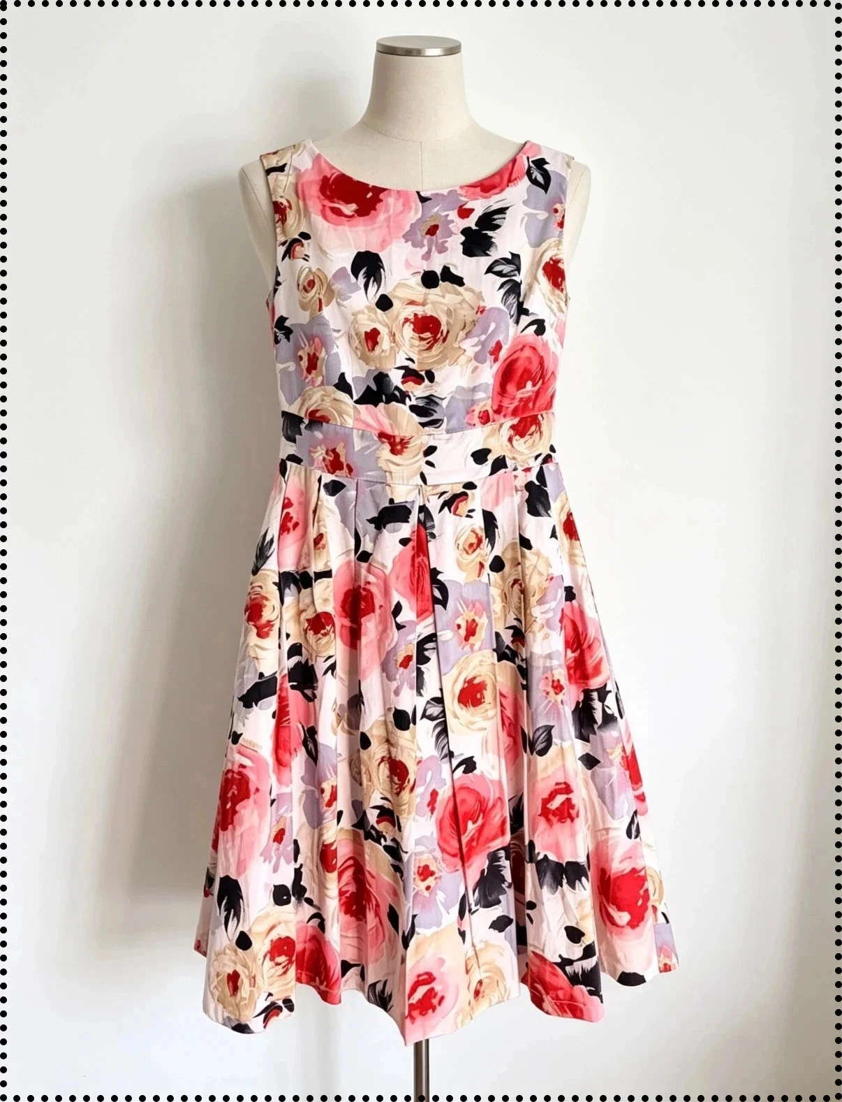 Timeless UK 8 White Red Pink Floral Fit & Flare Dress | Sleeveless Pleated Lined Occasion