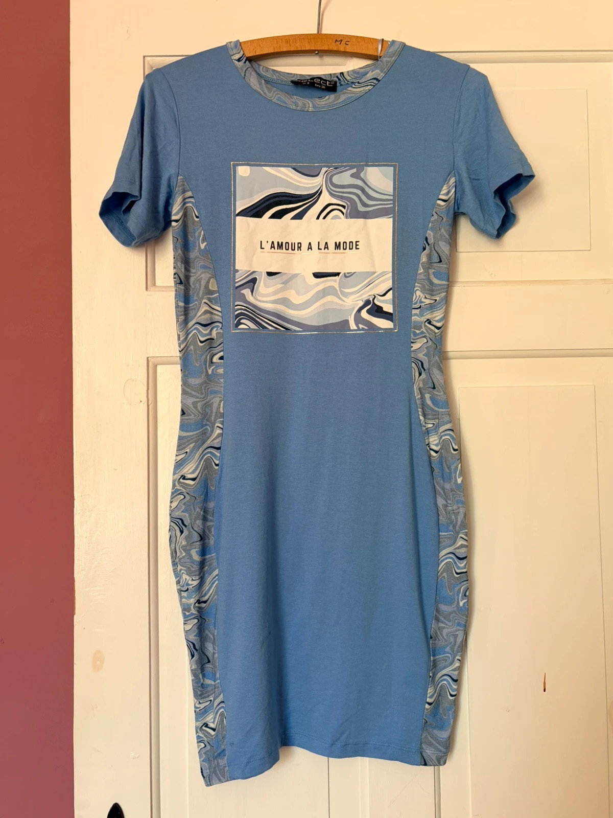 Y2K Style Select Blue Marbled Panel Mini Dress UK 8 90s Abstract