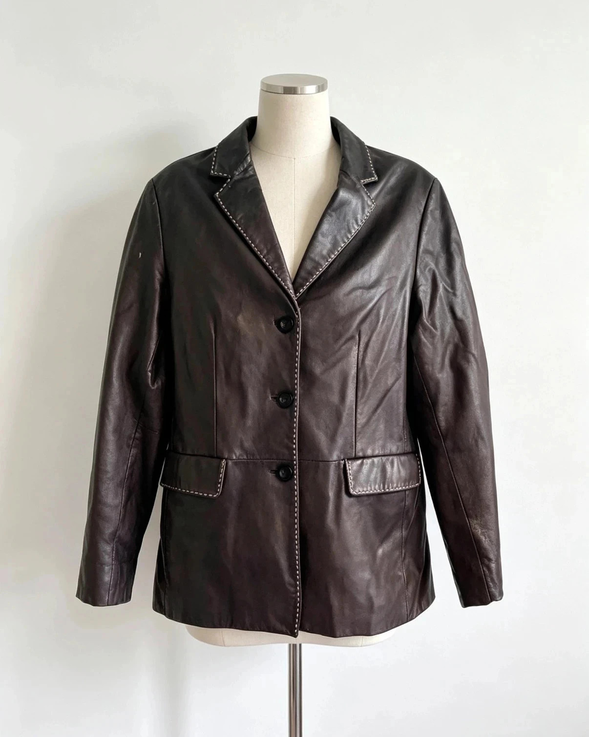 Vintage St Michael Dark Real Leather Jacket Classic Blazer Style Contrast Stitching