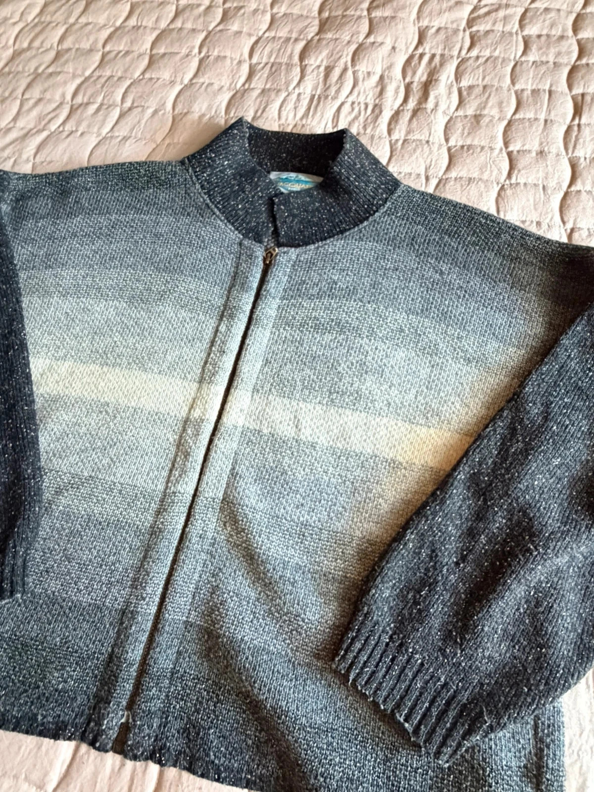 Vintage Jacquard Paris France Knit Zip Cardigan | Grey Ombré Stripe | Size M | Wool Blend