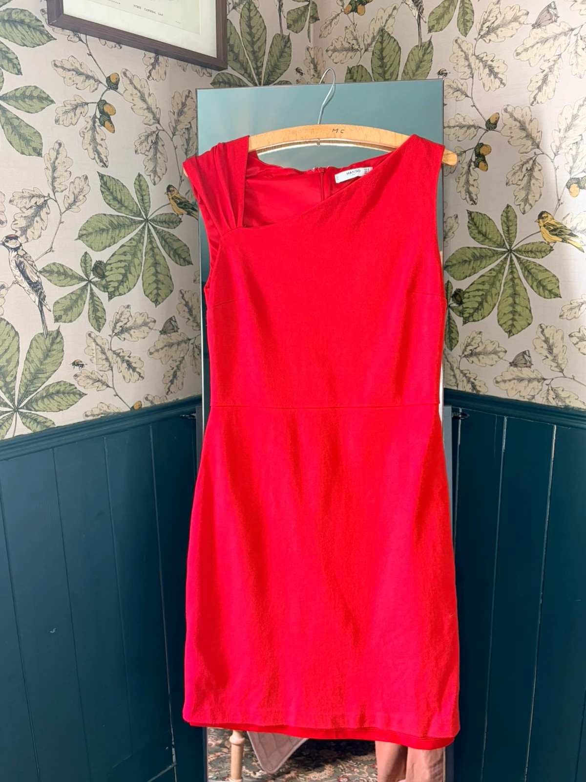 Mango Bright Red Pencil Dress | Size M / UK 10–12 | Asymmetric Neckline Occasion Wear