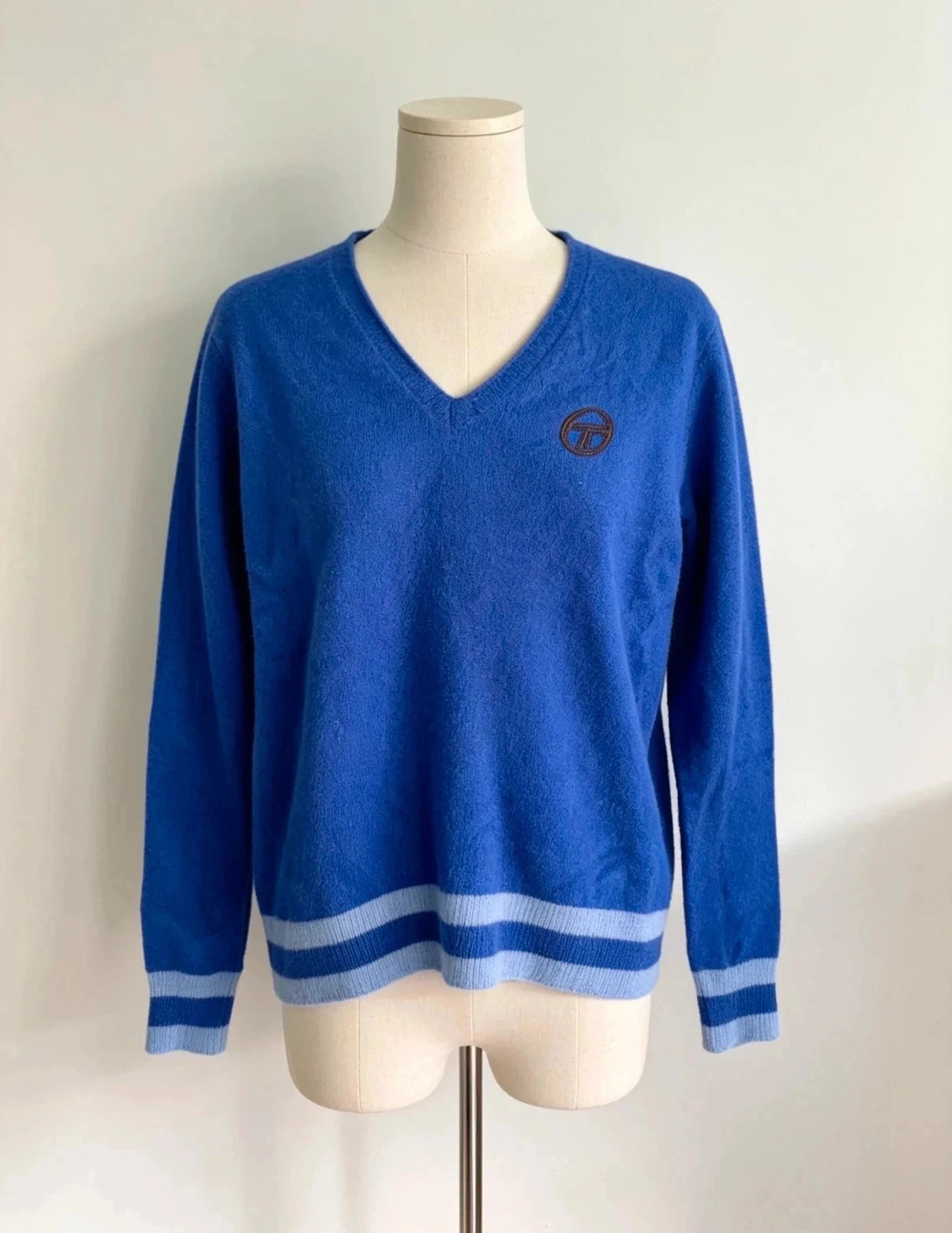 Vintage Sergio Tacchini Burro 80% Wool V‑neck Jumper | Cobalt Blue | Labelled M Fits S / UK 10-12