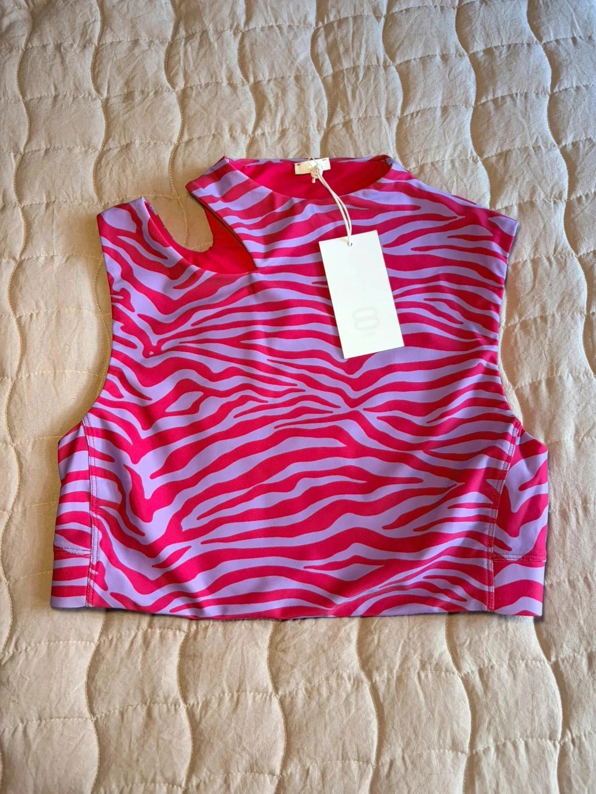 8 by YOOX Pink Zebra High‑Neck Crop | Size L | Cut‑Out Detail | New