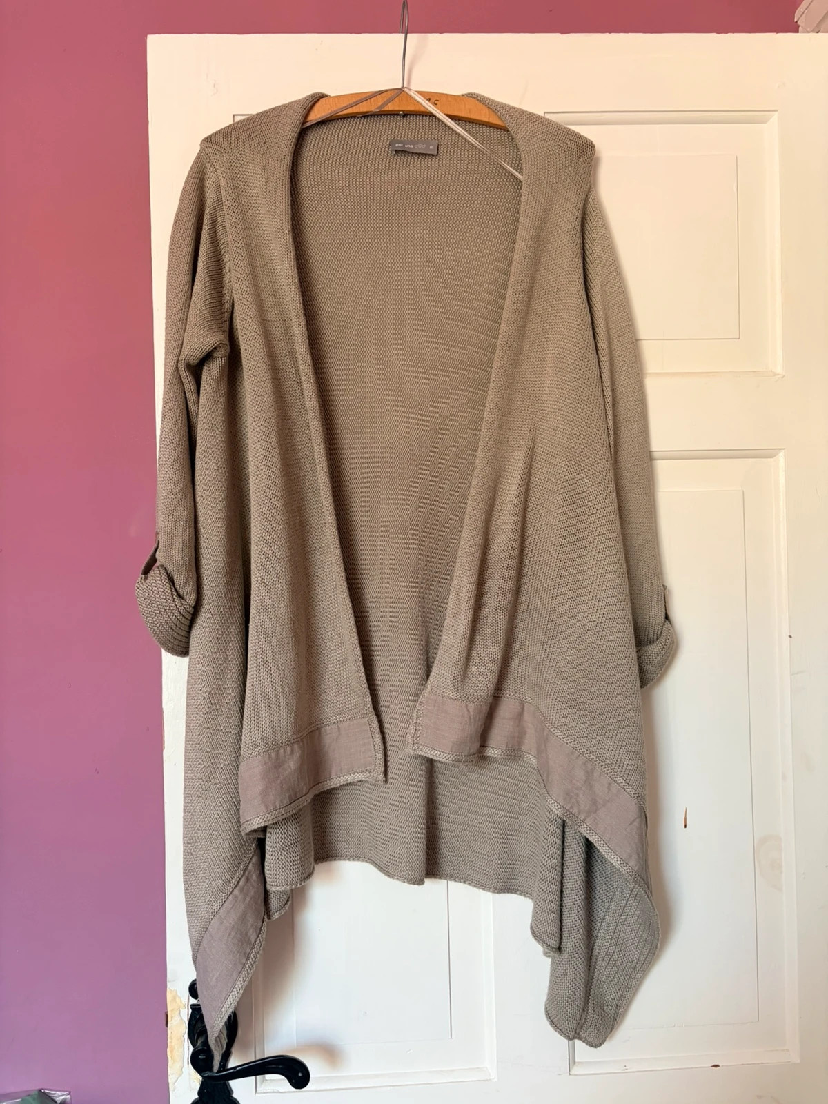 Vintage Y2K Per Una M Taupe Knit Waterfall Cardigan Linen Trim Oversized